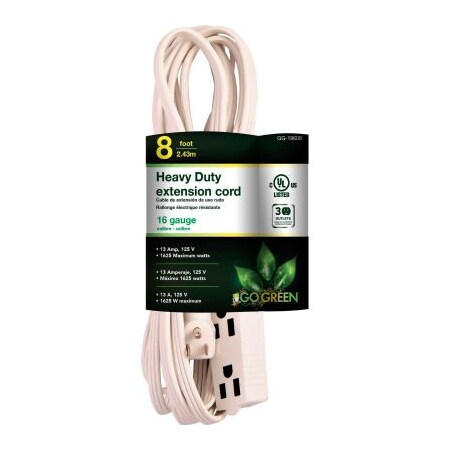 Gogreen SJT Extension Cord, 16 AWG, Indoor, 16/3, 3 Outlets, White, 8 ft GG-19608
